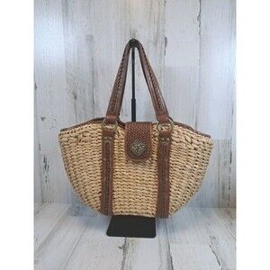 Coldwater Creek Purse Woven Rattan Straw Double Shoulder Strap Bag Boho Festival